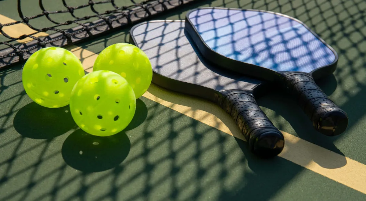 An outdoor pickleball court with two paddles, three yellow balls, and a tennis net, suggesting friendly matches and group activities in a sunlit, open-air setting.