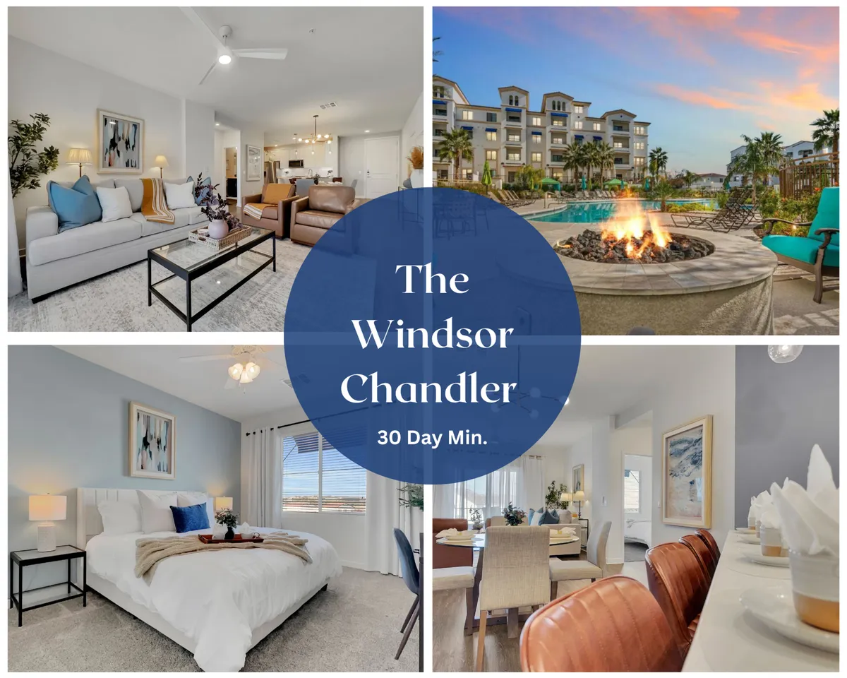 The image showcases a stylish, contemporary condo interior with a plush living room sofa adorned with decorative pillows, a chic dining table elegantly set for intimate meals, and glimpses of the serene bedroom with crisp white bedding. Through expansive windows or doors, the image also captures the sparkling outdoor pool area and a cozy fire pit, hinting at both relaxation and social opportunities.